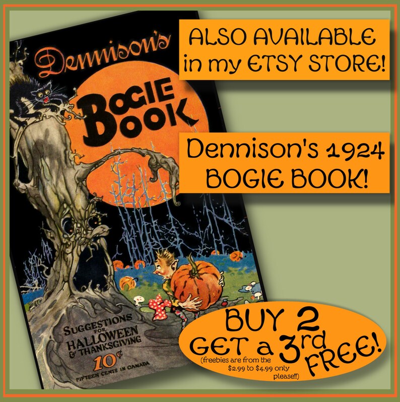 May include: A vintage Halloween book cover featuring a spooky tree with a black cat, a pumpkin, and the text "Dennison's Bogie Book". The cover is orange and black with a white background. The book is available in the seller's Etsy store.