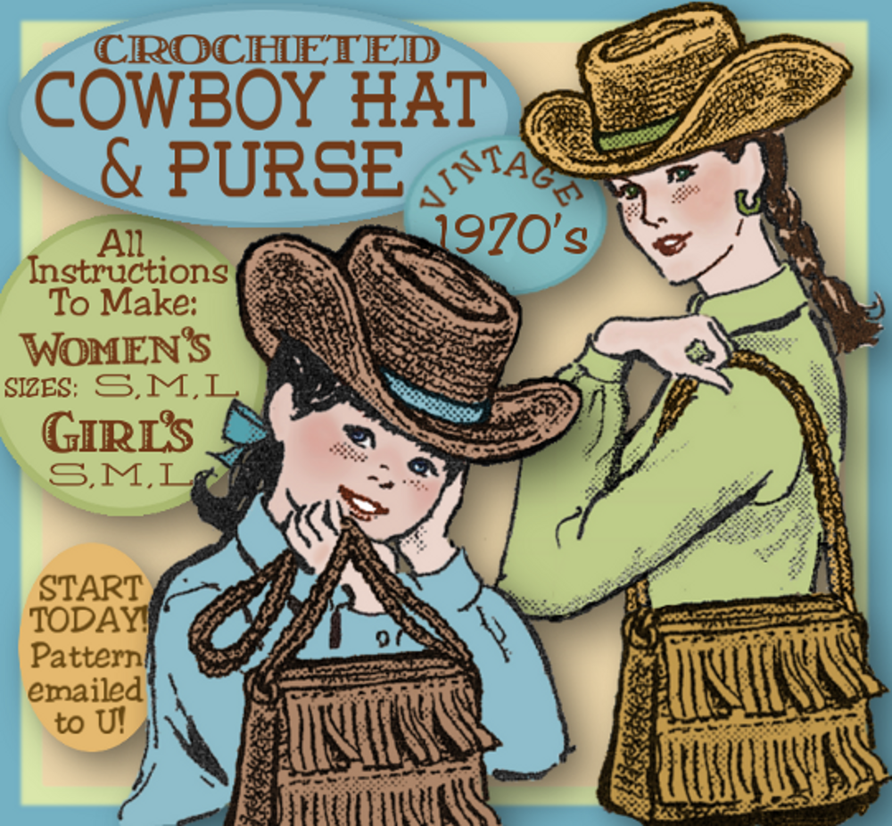 30 Cowboy Hat Crochet Patterns for Western-Inspired Hats, Miniatures, and Giftable Makes 34 Vintage Girl Western Hat and Fringed Bag Pattern