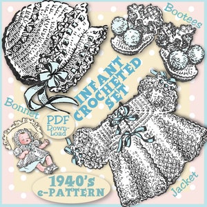 May include: A vintage 1940's crochet pattern for a baby set. The set includes a bonnet, booties, and a jacket. The pattern is printed on a light pink background with white polka dots. The text "Infant Crocheted Set" is printed in blue and white. The text "PDF Download" is printed in a white circle with a blue border. The text "1940's e-Pattern" is printed in a white oval with a blue border.