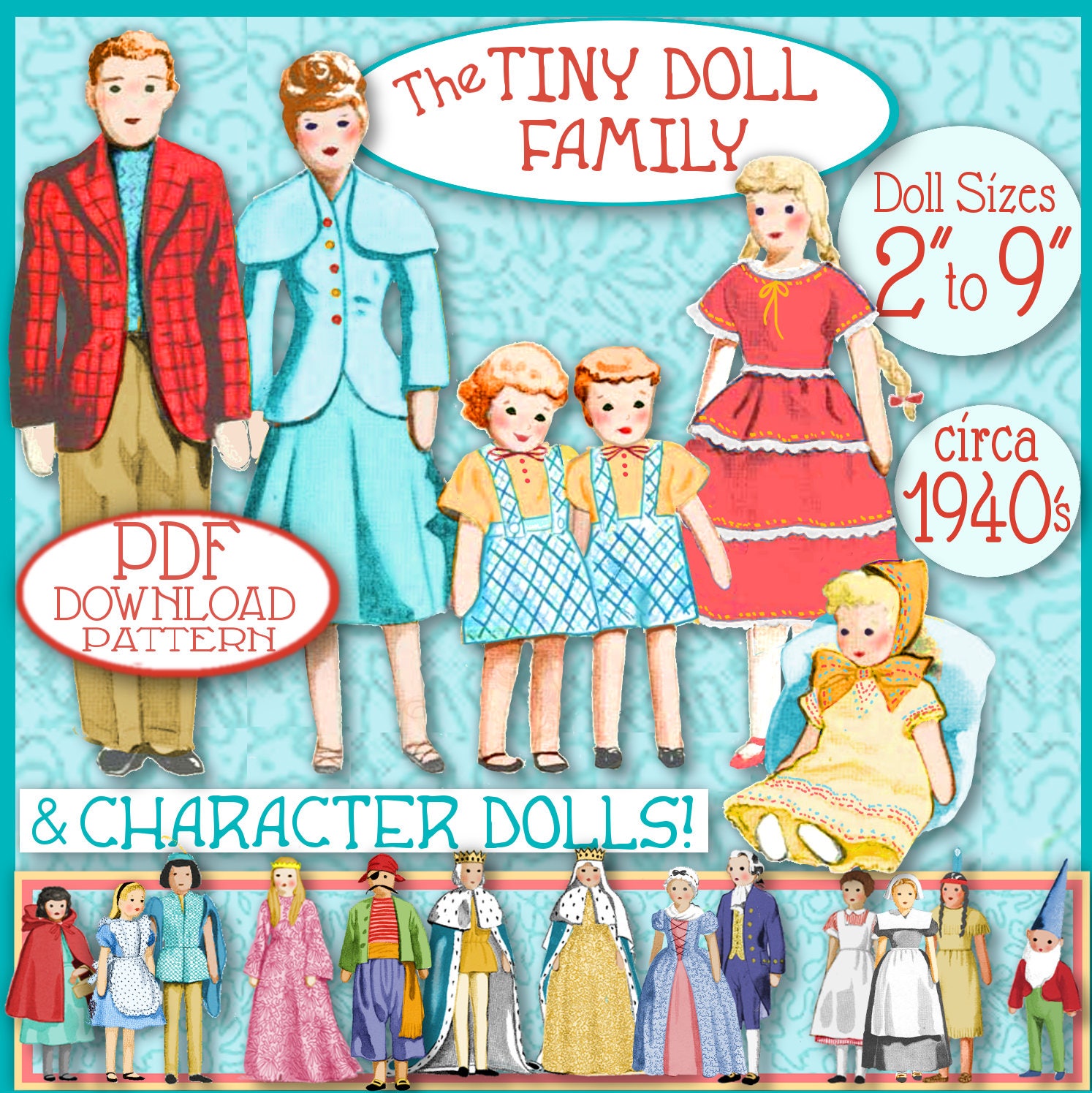 TINY Family of Ragdolls - 40's vintage pattern PDF Dolls sizes 2&…