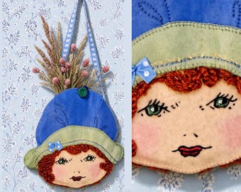 Handmade 1920s Style Cloche Felt Face Wall Pocket or Purse, Embroidered Child, Wool Felt, Yarn Hair, One of a Kind, OOAK