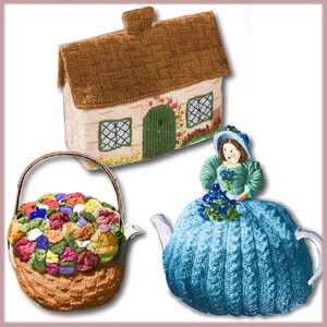 TEA COZY Vintage Knitting e-pattern Cottage, Lady, Basket of Flowers Adorable pattern Knit knitted Thatched English British PDF download image 2