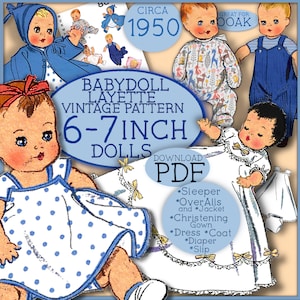 May include: Vintage baby doll layette pattern for 6-7 inch dolls. The pattern includes instructions for making a sleeper, overalls and jacket, christening gown, dress, coat, diaper and slip. Circa 1950.