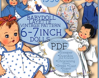6-7 zoll Babypuppe 8 Teilig Kleiderschrank Puppenkleidung Vintage Schnittmuster PDF KREIS Kleid Mantel PJs Overall Taufmütze Slip 8800 downloadepattern