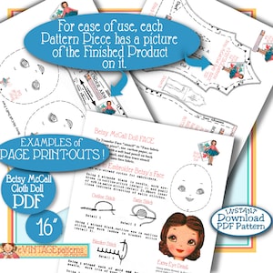 Pu&ograve; includere: Un modello PDF stampabile per una bambola di stoffa Betsy McCall di 40,6 cm. Il modello include istruzioni per ricamare il viso della bambola con filo nero e oro. L'immagine mostra esempi dei pezzi del modello e del viso finito della bambola.