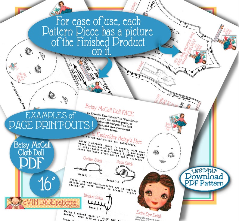 Pu&ograve; includere: Un modello PDF stampabile per una bambola di stoffa Betsy McCall di 40,6 cm. Il modello include istruzioni per ricamare il viso della bambola con filo nero e oro. L'immagine mostra esempi dei pezzi del modello e del viso finito della bambola.