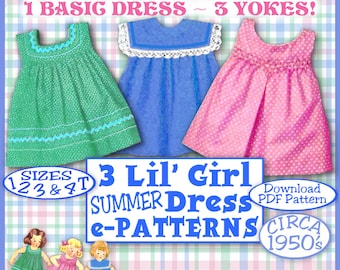 E-Z Darlin Summer DRESS Little Girl Vintage 50s e-Pattern - 3 Different Yokes - 4 Sizes 1-4T Toddler Tot Summer Easy Download Pdf PatternB