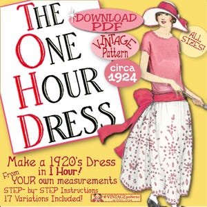 Könnte beinhalten: Ein digitales PDF-Schnittmuster für ein Kleid aus den 1920er Jahren mit dem Titel The One Hour Dress. Die Abbildung zeigt eine Person in einem rosa kurzärmeligen Oberteil, einem weißen Rock mit rotem Blumenmuster, einer roten Schärpe und einem Hut.