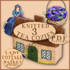 TEA COZY Vintage Knitting e-pattern Cottage, Lady, Basket of Flowers Adorable pattern Knit knitted Thatched English British PDF download image 4