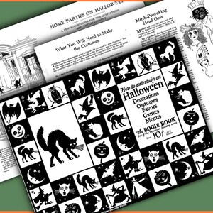 May include: A black and white illustrated booklet titled "How to entertain on Halloween" with a black cat, bats, pumpkins, and moons on the cover. The booklet is part of the "Bogie Book" series and costs 10 cents.