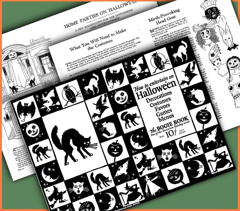 May include: A black and white illustrated booklet titled "How to entertain on Halloween" with a black cat, bats, pumpkins, and moons on the cover. The booklet is part of the "Bogie Book" series and costs 10 cents.