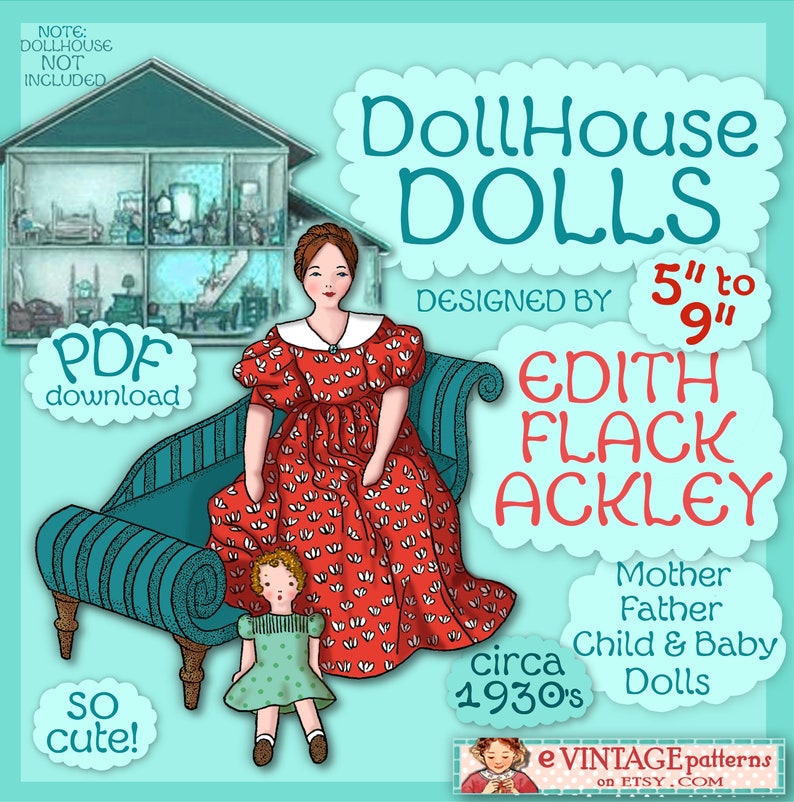 Make DOLLS Wired for Dollhouse 1930's Edith Flack Ackley Vintage E-Pattern PDF Download Sew Posable Miniature 5 to 9 cloth dolls image 1