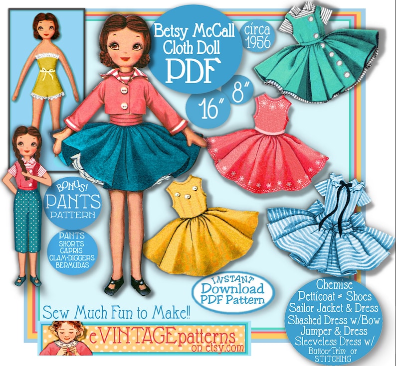 Pu&ograve; includere: Un modello di bambola di carta vintage per una bambola di 40,6 cm. La bambola indossa una gonna blu, una giacca rossa e una camicia bianca. Il modello include una variet&agrave; di abiti, tra cui una camicia, un sottogonna, scarpe, una giacca da marinaio e un vestito, un vestito con cintura e fiocco, un maglione e un vestito, e un vestito senza maniche con bordatura a bottoni o cuciture. Il modello &egrave; disponibile per il download immediato in formato PDF.