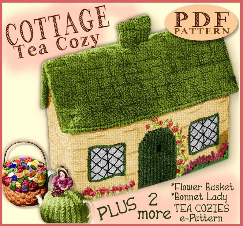 TEA COZY Vintage Knitting e-pattern Cottage, Lady, Basket of Flowers Adorable pattern Knit knitted Thatched English British PDF download image 1