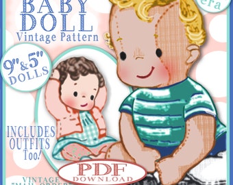 May include: Vintage pattern for a 9-inch and 5-inch baby doll. The pattern includes outfits and is from the 1950s era. The image shows a boy doll and a girl doll sitting together. The dolls are made of fabric and have stitched details. The pattern is available as a PDF download. "BOY or GIRL BABY DOLL Vintage Pattern 9"&5" DOLLS INCLUDES OUTFITS Too! PDF DOWNLOAD VINTAGE "MAIL-ORDER" PATTERN Laura Wheeler Designs"