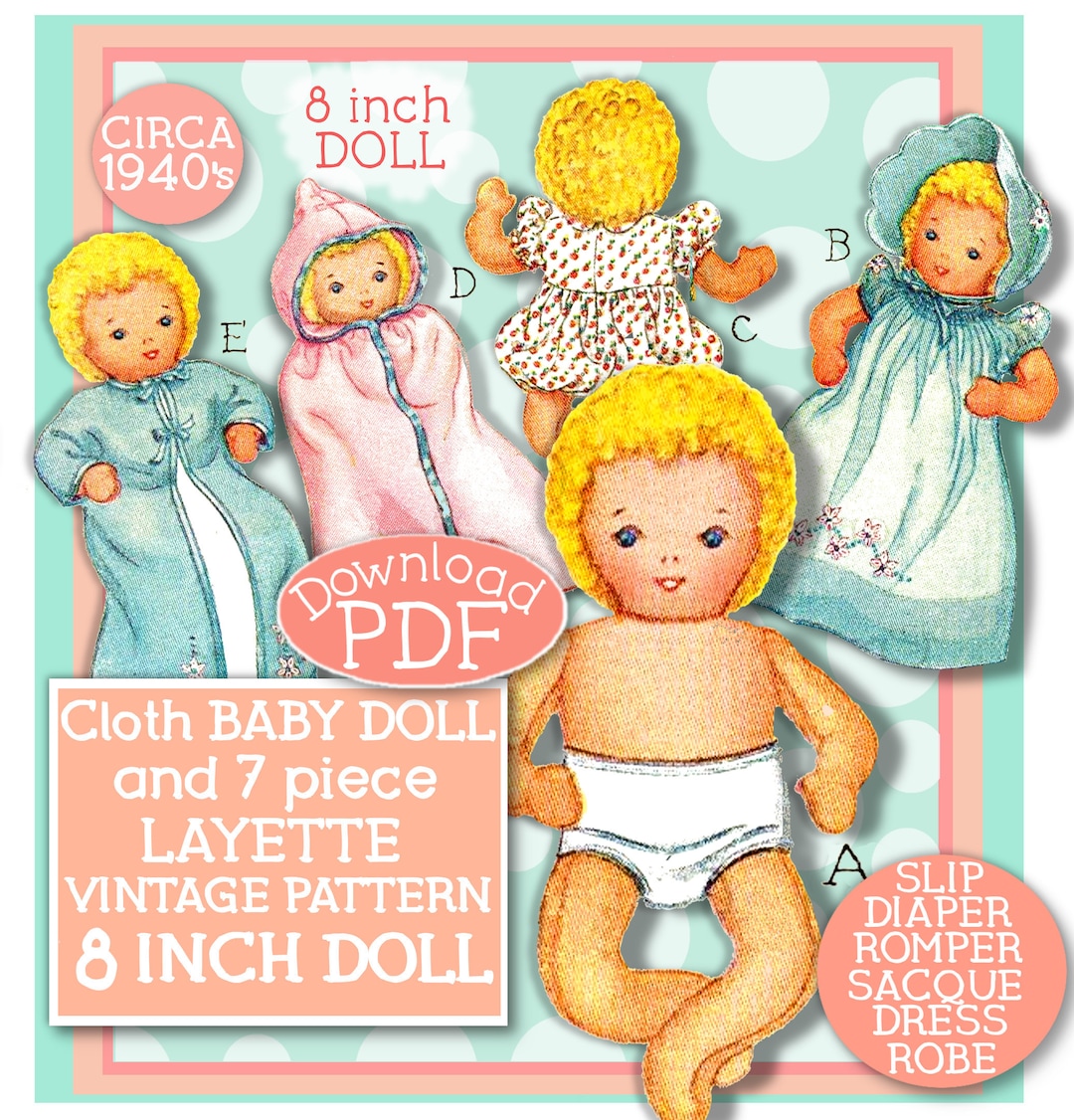 Cloth Baby Doll 8 Inch With 7 Pc Layette 1940s Vintage Pattern Slip