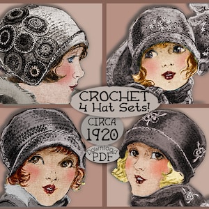 Puede incluir: Cuatro patrones de sombreros de ganchillo vintage de alrededor de 1920. Cada patrón presenta un estilo de sombrero diferente con detalles intrincados. Descarga el PDF para comenzar a tejer tus propios sombreros.