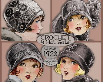 20er Jahre CLOCHE Häkelanleitung Set - 4 SÜSSE 20er Jahre Mützen und Schals im Set Vintage häkeln e-pattern Download Strickanleitung Schals PDF Yo-yo Applikation
