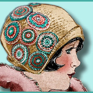 May include: A woman wearing a brown cloche hat with a crocheted trim of colorful circles in shades of red, green, blue, and white.