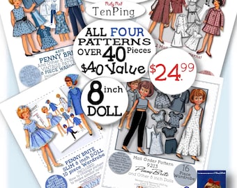 Schnittmuster für Puppenkleidung (8 Zoll) für Penny Brite, Ten Ping & Sara | Vintage-Garderobe (PDF) | Kleid, Boho-Mantel, Bluse, Rock