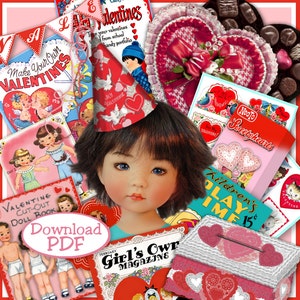 May include: A collage of vintage Valentine's Day images, including a girl doll wearing a red and white party hat, a heart-shaped box of chocolates, and a book titled "Make Your Own Valentines".