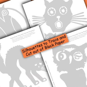 May include: Printable Halloween silhouette tracing templates for owls and cats. The templates are gray and white and have instructions to print on heavy paper and trace onto black paper. The text says "Silhouettes to Trace and Cut out of Black Paper".