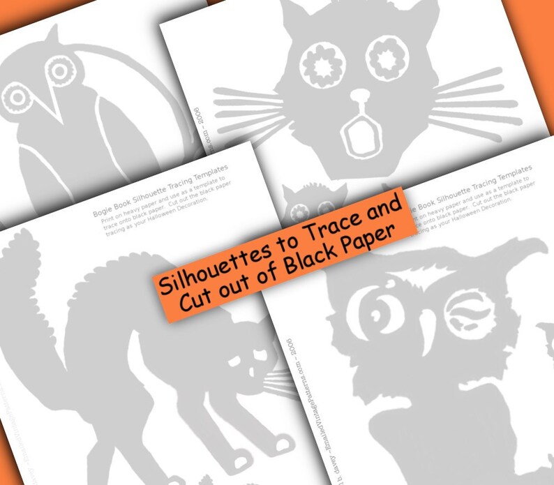 May include: Printable Halloween silhouette tracing templates for owls and cats. The templates are gray and white and have instructions to print on heavy paper and trace onto black paper. The text says "Silhouettes to Trace and Cut out of Black Paper".