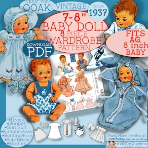 May include: Vintage 1937 pattern for an 8-piece baby doll wardrobe. The pattern is for a 7-8 inch doll and includes a dress, bonnet, sun suit, kimono-jacket, bunting/hood, slip-dress, and booties. The pattern is available as a downloadable PDF.