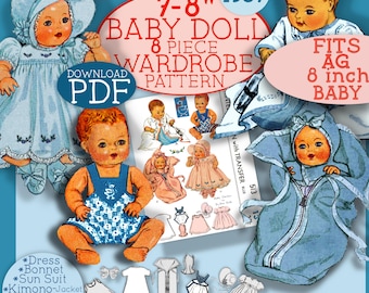 Op de afbeelding: Vintage patroon uit 1937 voor een 8-delige babypop garderobe. Het patroon is voor een pop van 18 tot 20 cm en bevat een jurk, een muts, een rompertje, een kimono-jasje, een deken/kap, een nachtjapon en slofjes. Het patroon is beschikbaar als downloadbaar PDF.