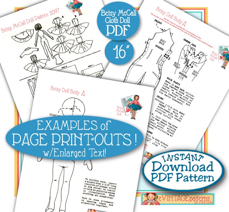Pu&ograve; includere: Un modello PDF stampabile per una bambola di stoffa Betsy McCall di 40,6 cm. Il modello include istruzioni ed esempi del corpo e degli abiti della bambola. Il testo sulla pagina recita "Betsy McCall Cloth Doll PDF 16" e "Esempi di stampe di pagina! Con testo ingrandito!"