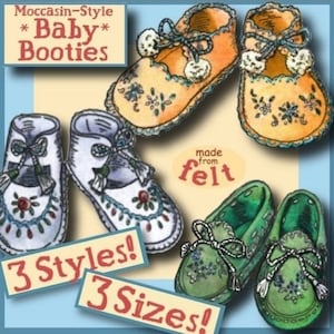 May include: Three pairs of baby booties made from felt. The booties are in three different styles: a moccasin style with a tie, a Mary Jane style with a buckle, and a slip-on style with a tassel. The booties are decorated with embroidered flowers and are available in three sizes.