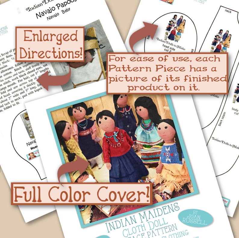 May include: A full-color pattern for making cloth dolls. The pattern includes instructions for making Indian Maiden dolls with traditional clothing. The pattern is by Joan Russell.