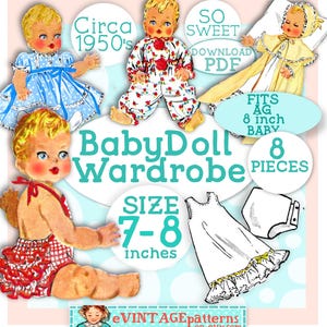 Könnte beinhalten: Vintage-Schnittmuster für eine Baby-Puppen-Garderobe. Das Schnittmuster enthält acht Teile für eine 18-20 cm große Puppe, darunter ein Kleid, ein Nachthemd, eine Windel und eine Haube. Das Schnittmuster stammt aus den 1950er Jahren und trägt den Titel "Baby Doll Wardrobe".
