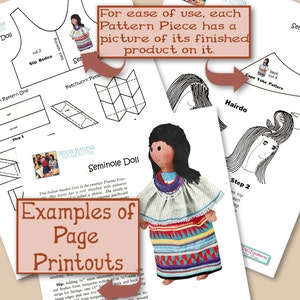May include: A vintage sewing pattern for a Seminole doll. The pattern includes instructions and diagrams for making a doll with a colorful patchwork dress, a cape, and hair. The text on the pattern reads "Indian Maidens Vintage Pattern Seminole Doll".