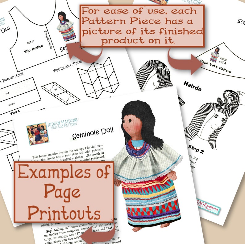 May include: A vintage sewing pattern for a Seminole doll. The pattern includes instructions and diagrams for making a doll with a colorful patchwork dress, a cape, and hair. The text on the pattern reads "Indian Maidens Vintage Pattern Seminole Doll".