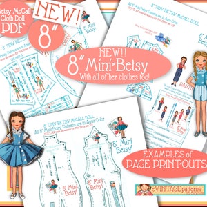 Pu&ograve; includere: Un modello PDF stampabile per una bambola Betsy McCall di 20 cm. Il modello include istruzioni e modelli per realizzare gli abiti della bambola, tra cui una camicia, pantaloni e un vestito. Il modello &egrave; stampato in blu acquamarina e bianco.