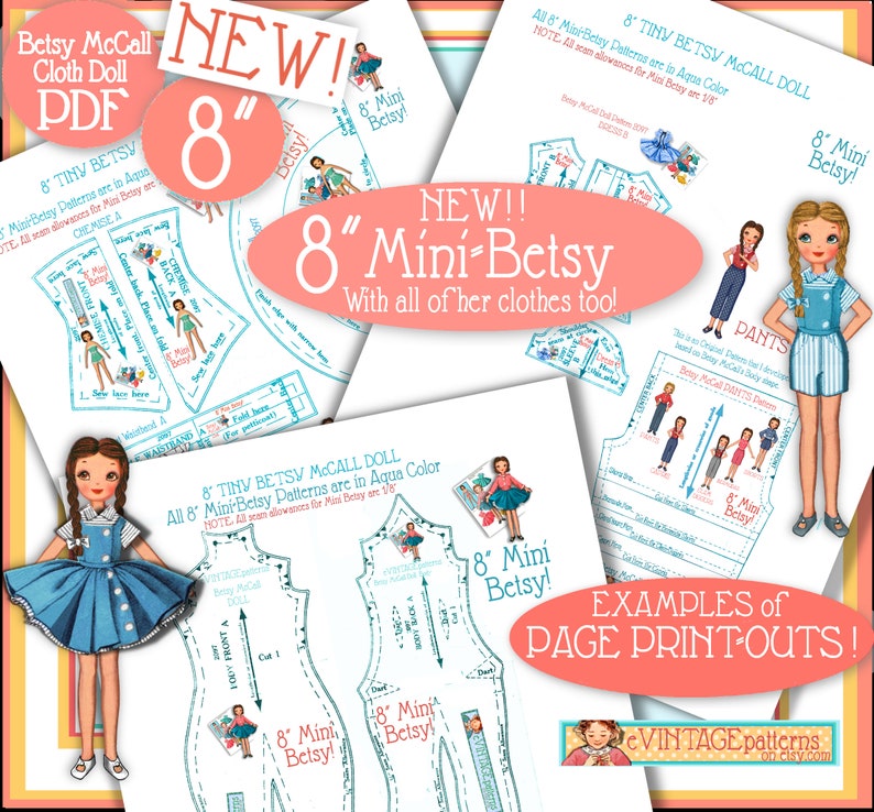 Pu&ograve; includere: Un modello PDF stampabile per una bambola Betsy McCall di 20 cm. Il modello include istruzioni e modelli per realizzare gli abiti della bambola, tra cui una camicia, pantaloni e un vestito. Il modello &egrave; stampato in blu acquamarina e bianco.