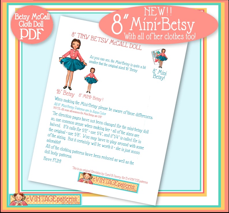 Pu&ograve; includere: Un modello PDF stampabile per una bambola Mini-Betsy di 20 cm, una versione pi&ugrave; piccola della bambola Betsy McCall di 40 cm. Il modello include istruzioni per la creazione della bambola e dei suoi vestiti. L'immagine mostra un'illustrazione a colori della bambola Mini-Betsy che indossa un vestito blu e un maglione rosso.
