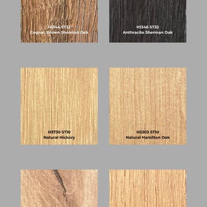 May include: Image showcasing six wood grain samples from EGGER. The samples include Cognac Brown Sherman Oak, Anthracite Sherman Oak, Natural Hickory, Natural Hamilton Oak, Natural Wild Oak, and Natural Corbridge Oak. Each sample has a unique wood grain pattern.