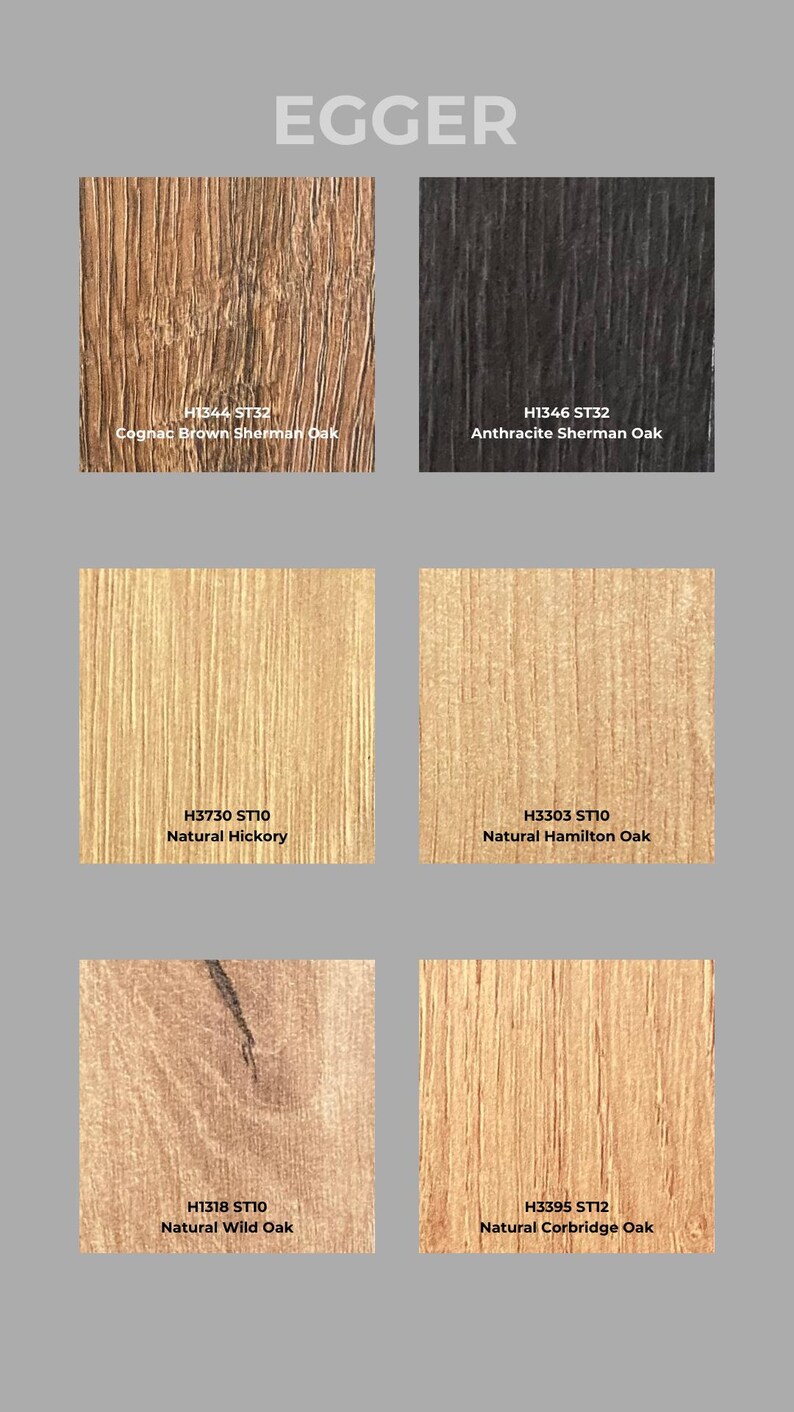 May include: Image showcasing six wood grain samples from EGGER. The samples include Cognac Brown Sherman Oak, Anthracite Sherman Oak, Natural Hickory, Natural Hamilton Oak, Natural Wild Oak, and Natural Corbridge Oak. Each sample has a unique wood grain pattern.