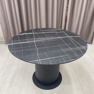 Round Dining Table, Marble Table, Fluted Base Table, Japandi Interiors – Modern Expandable Design, Custom Size, HPL Table Top, Compact