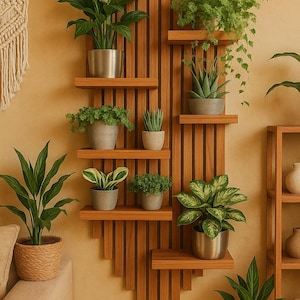 May include: A wooden wall-mounted plant shelf with multiple levels, holding various potted green plants. The shelf is made of vertical wooden slats and has a geometric design. The plants are in silver and gray pots.