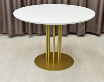 Runt utdragbart matbord: Marmor HPL-skiva, modern lantlig stil