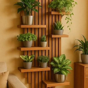 May include: A wooden wall-mounted plant shelf with multiple levels, holding various potted green plants. The shelf has a vertical slat design and is mounted on a light yellow wall. The plants vary in size and foliage, creating a natural, decorative display.