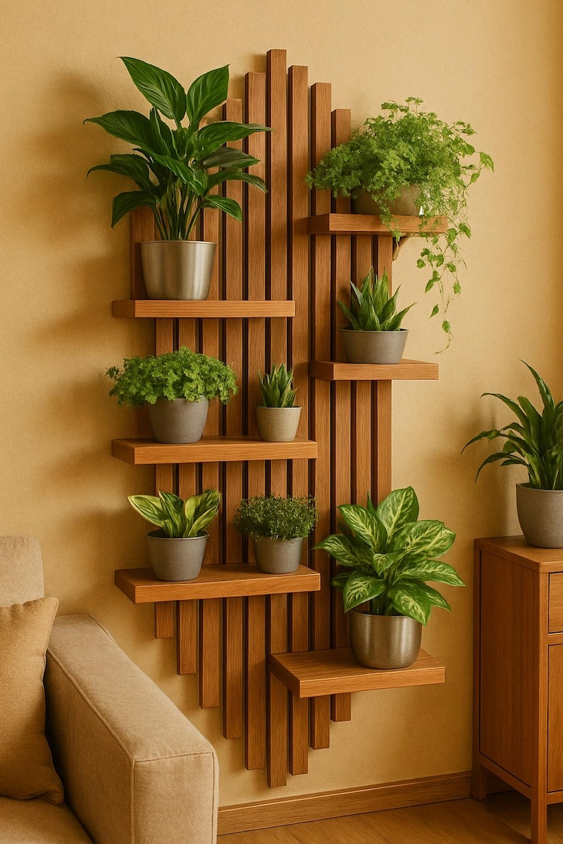 May include: A wooden wall-mounted plant shelf with multiple levels, holding various potted green plants. The shelf has a vertical slat design and is mounted on a light yellow wall. The plants vary in size and foliage, creating a natural, decorative display.