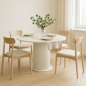 Round Dining Table: White HPL Top, Beech Base - Mid-Century Modern