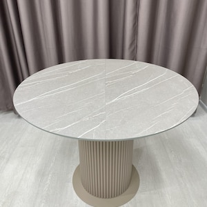 Modern Round Kitchen Table| Dining Table HPL Stone Look Top & Wooden Base| 4–6 Seater Dining Table | Custom Size Available. Minimalist Style
