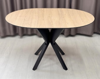 Extendable Round Dining Table: HPL Top, Ash Legs, Seats 6-8