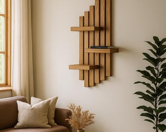 Asymmetrical Wooden Floating Wall Shelf: Boho Plant Decor