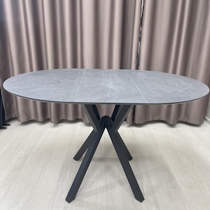 Extendable Round Slate HPL Dining Table: Star Base Industrial Kitchen Table